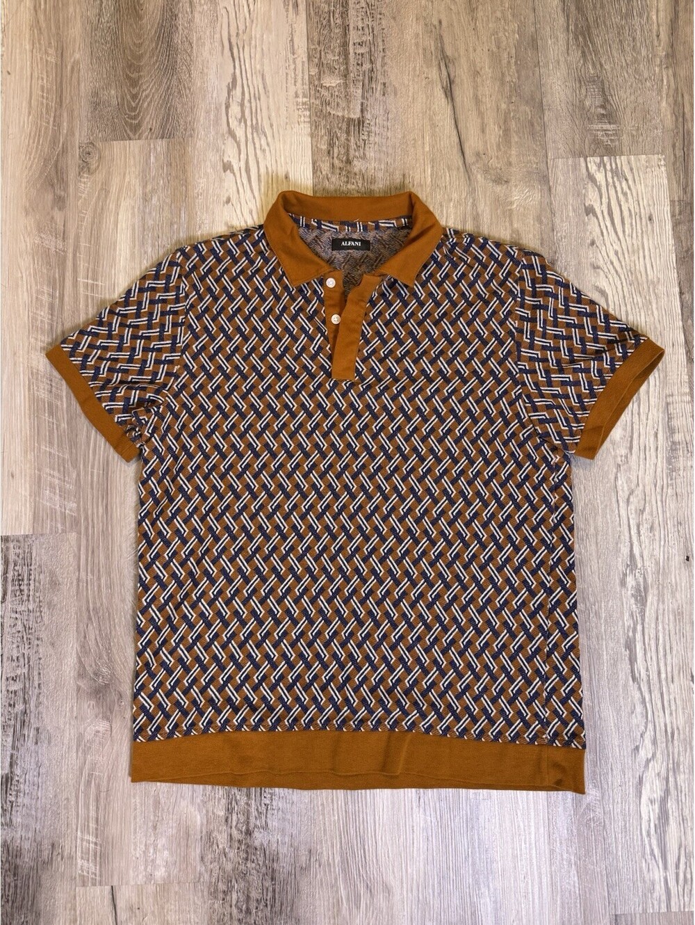 Alfani Men’s XL Stretch Geometric Polo Shirt Brown Blue White Short Sleeve